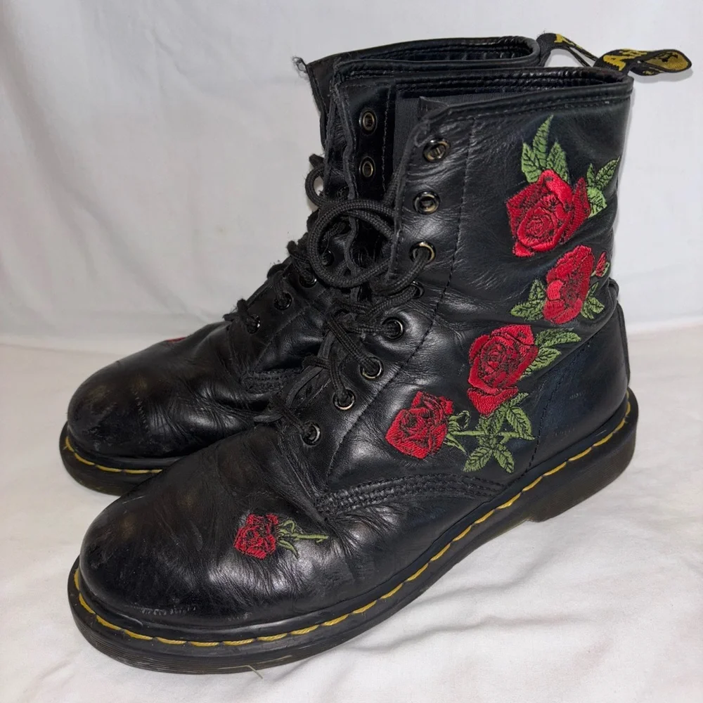 Doc Martens Vonda Black Boots with Red Floral Embroidery - Picture 2 of 8
